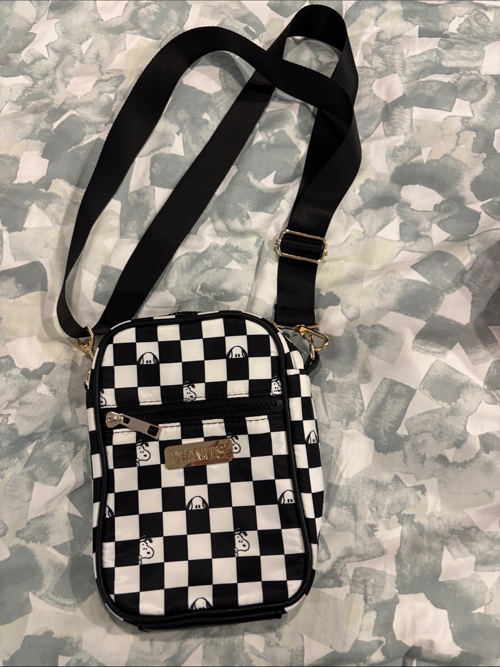 Peanuts Snoopy Checkerboard Crossbody Bag Black White Gold Hardware